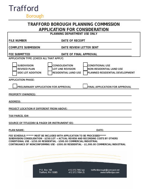 First page of the Planning Commission Application for Consideration