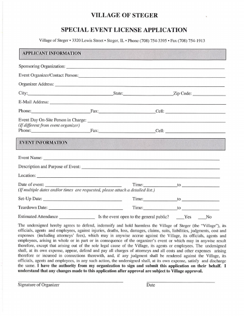 First page of the Special Events Application