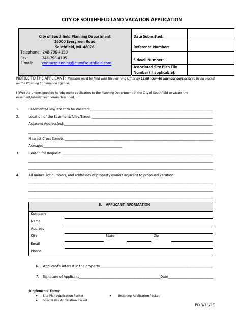 First page of the Land Vacation Application