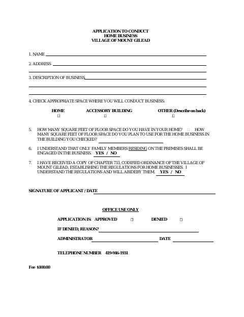 First page of the Application to Conduct Home Business