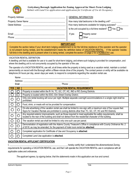 First page of the Application for Zoning Approval for Short-Term Lodging