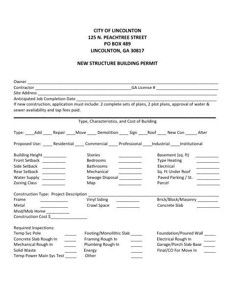 First page of the New Structure Building Permit
