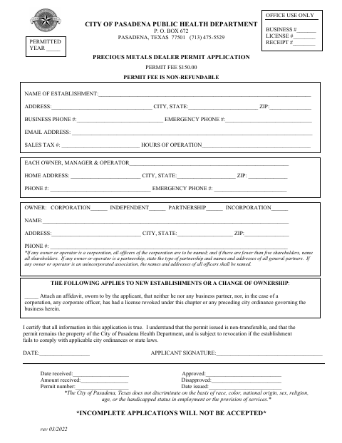 First page of the Precious Metals Dealer Permit Application