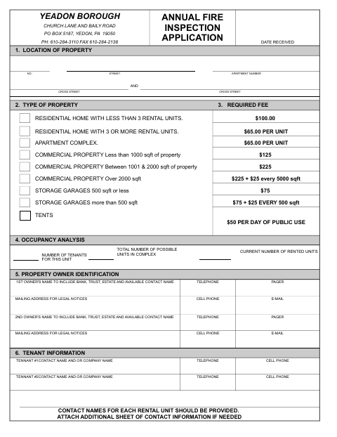 First page of the Fire Inspection Application
