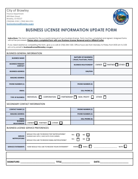First page of the Business License Information Update Form
