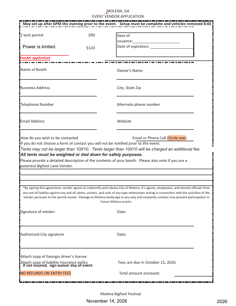 First page of the Event Vendor Application