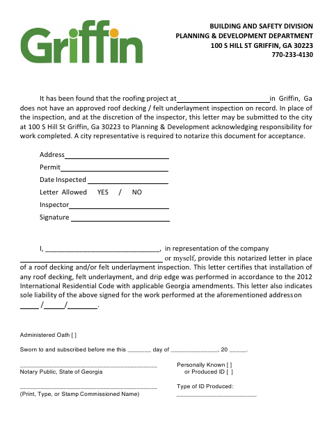 First page of the Roofing Inspection Affidavit