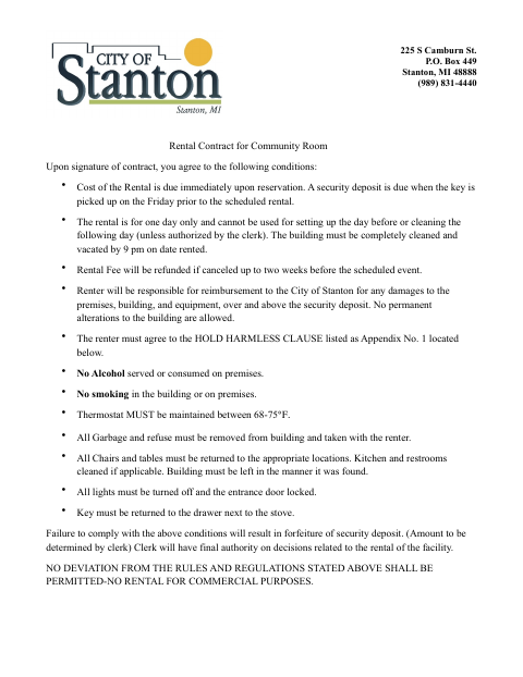 First page of the Rental Contract for Community Room