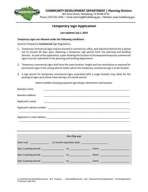 First page of the Temporary Sign Application