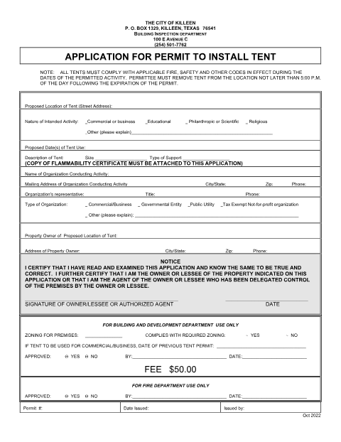 First page of the Tent Permit Application