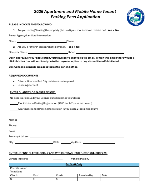 First page of the Apartment and Mobile Home Tenant Parking Pass Application