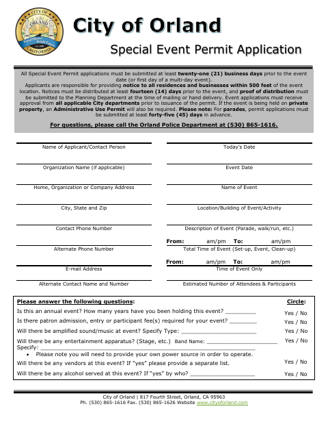 First page of the Special Event Permit Application