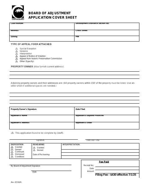 First page of the Board of Adjustment Special Exception Application