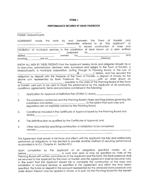 First page of the Performance Secured by Bank Passbook Agreement