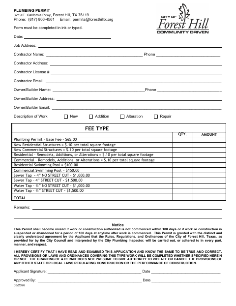 First page of the Plumbing Permit