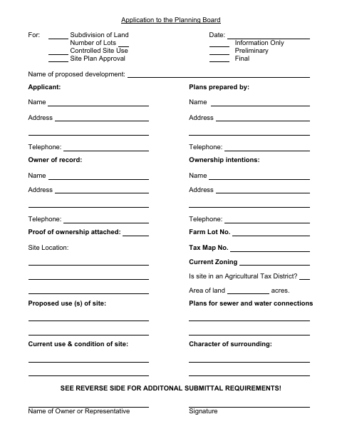 First page of the Planning Board Application and Requirements