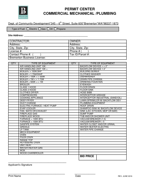 First page of the Commercial Mechanical Plumbing Permit