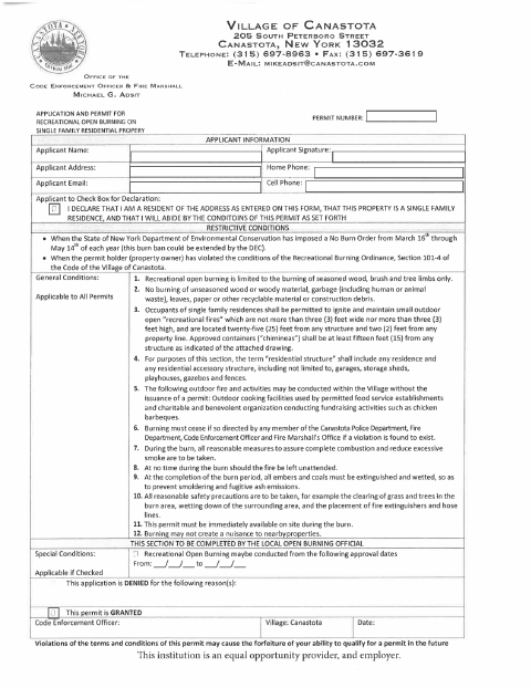 First page of the Recreational Open Burning Permit Application