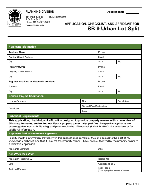 First page of the Application, Checklist, and Affidavit for SB-9 Urban Lot Split