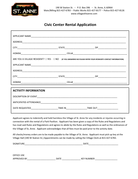 First page of the Civic Center Rental Application