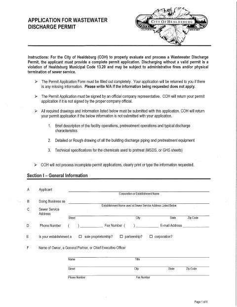 First page of the Wastewater Discharge Permit Application