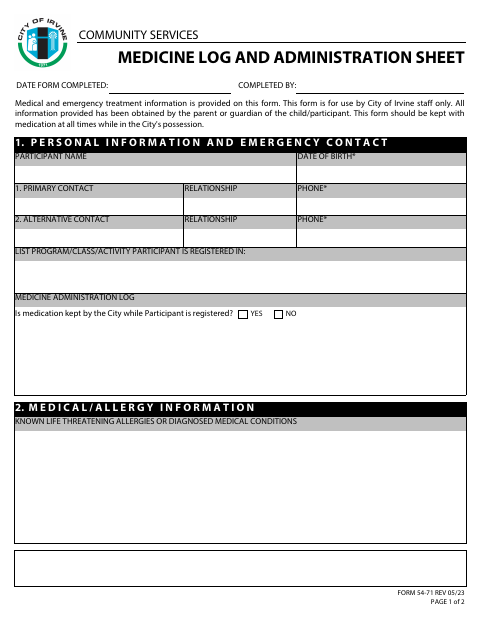 First page of the Medicine Log and Administration Sheet