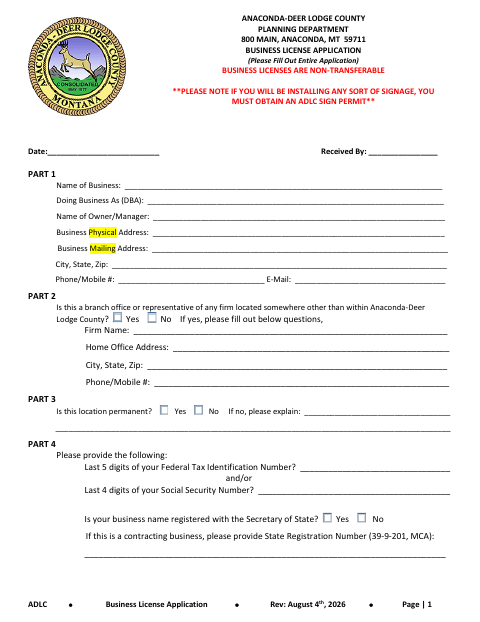 First page of the Business License Application