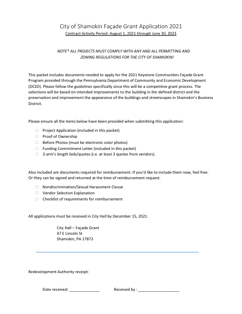 First page of the Façade Grant Application