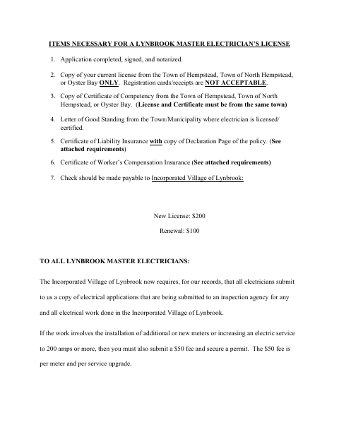 First page of the Master Electrician’s License Application
