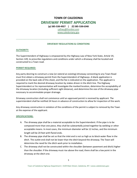 First page of the Driveway Permit Application