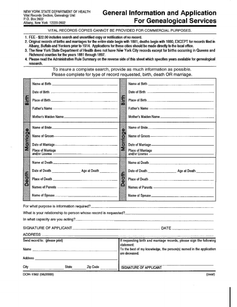 First page of the General Information and Application for Genealogical Services