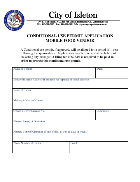 First page of the Conditional Use Permit Application for Mobile Food Vendors