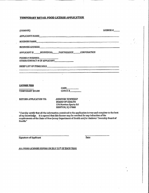 First page of the Temporary Retail Food License Application