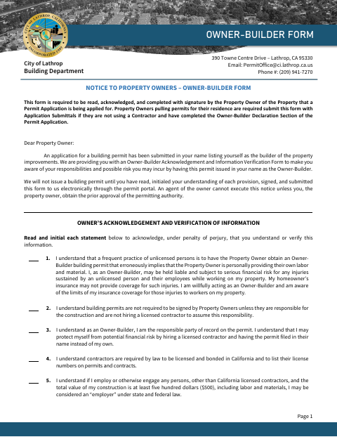 First page of the Owner-Builder Form (Notice to Property Owners)