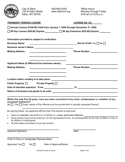 First page of the Transient Vendor License