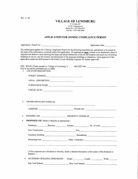 First page of the Application for Zoning Compliance Permit