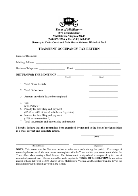First page of the Transient Occupancy Tax Return