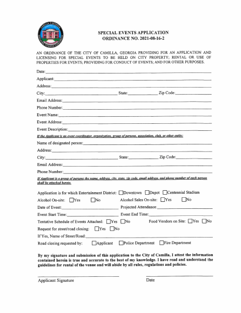 First page of the Special Events Application