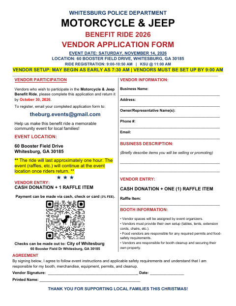 First page of the Motorcycle & Jeep Benefit Ride Vendor Application Form