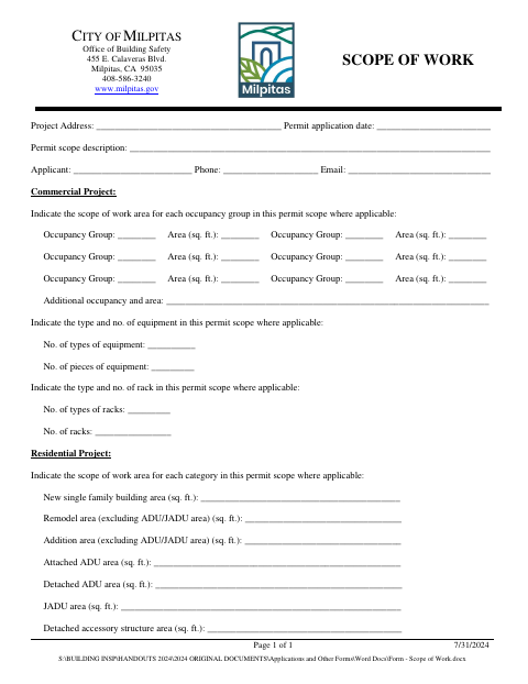 First page of the Scope Of Work