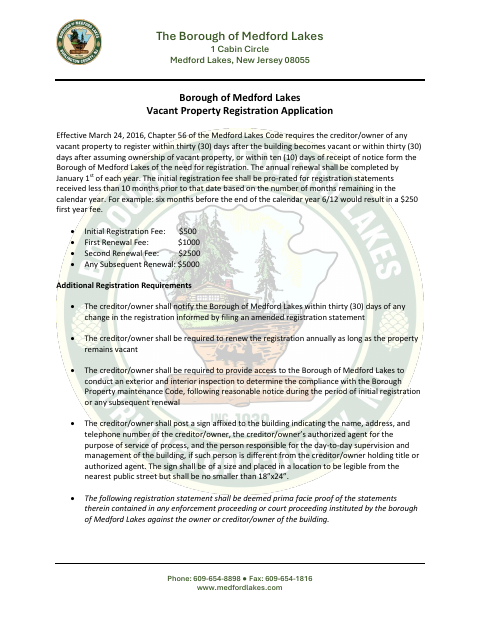 First page of the Vacant Property Registration Application