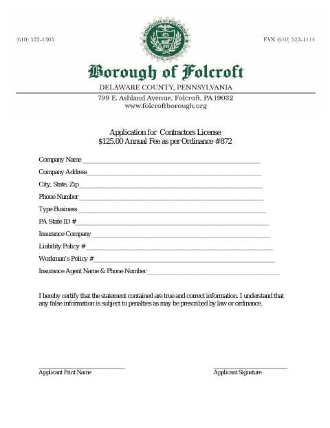 First page of the Application for Contractors License