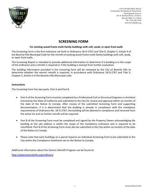 First page of the Soft-Story Seismic Retrofit Screening Form