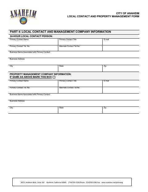 First page of the Local Contact and Property Management Form
