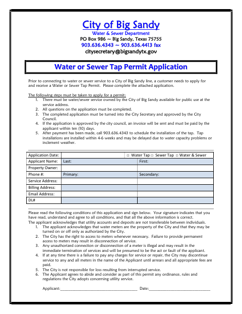 First page of the Water or Sewer Tap Permit Application