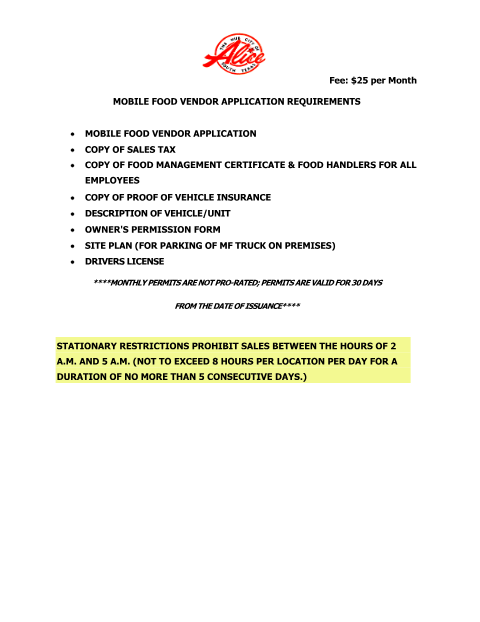 First page of the Mobile Food Vendor Application