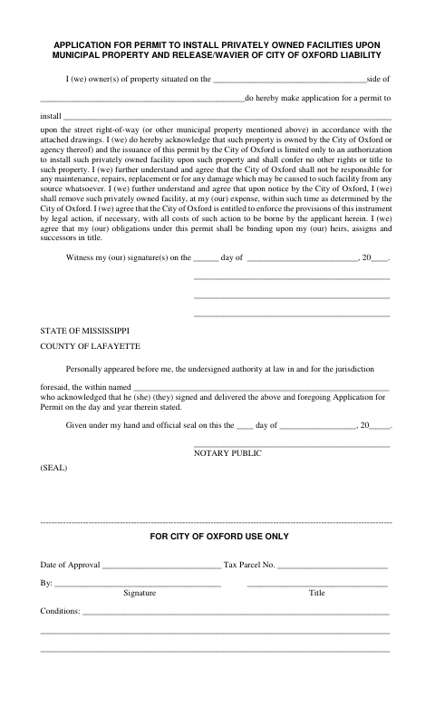 First page of the Privately Owned Facility Municipal Property Permit Application