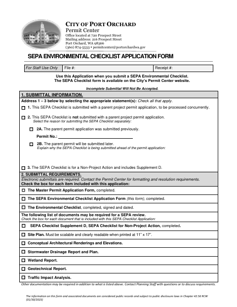 First page of the SEPA Environmental Checklist Application Form