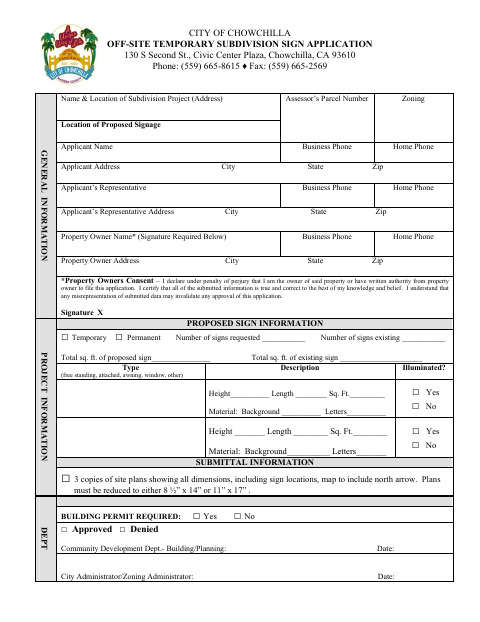 First page of the Off-Site Temporary Subdivision Sign Application