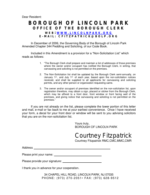 First page of the Do Not Solicit Form